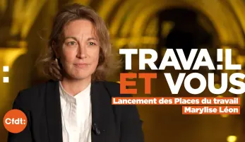 Marylise Léon au lancement des Places du travail, à l'arrière plan, la structure, voûte, du Collège des Bernardins